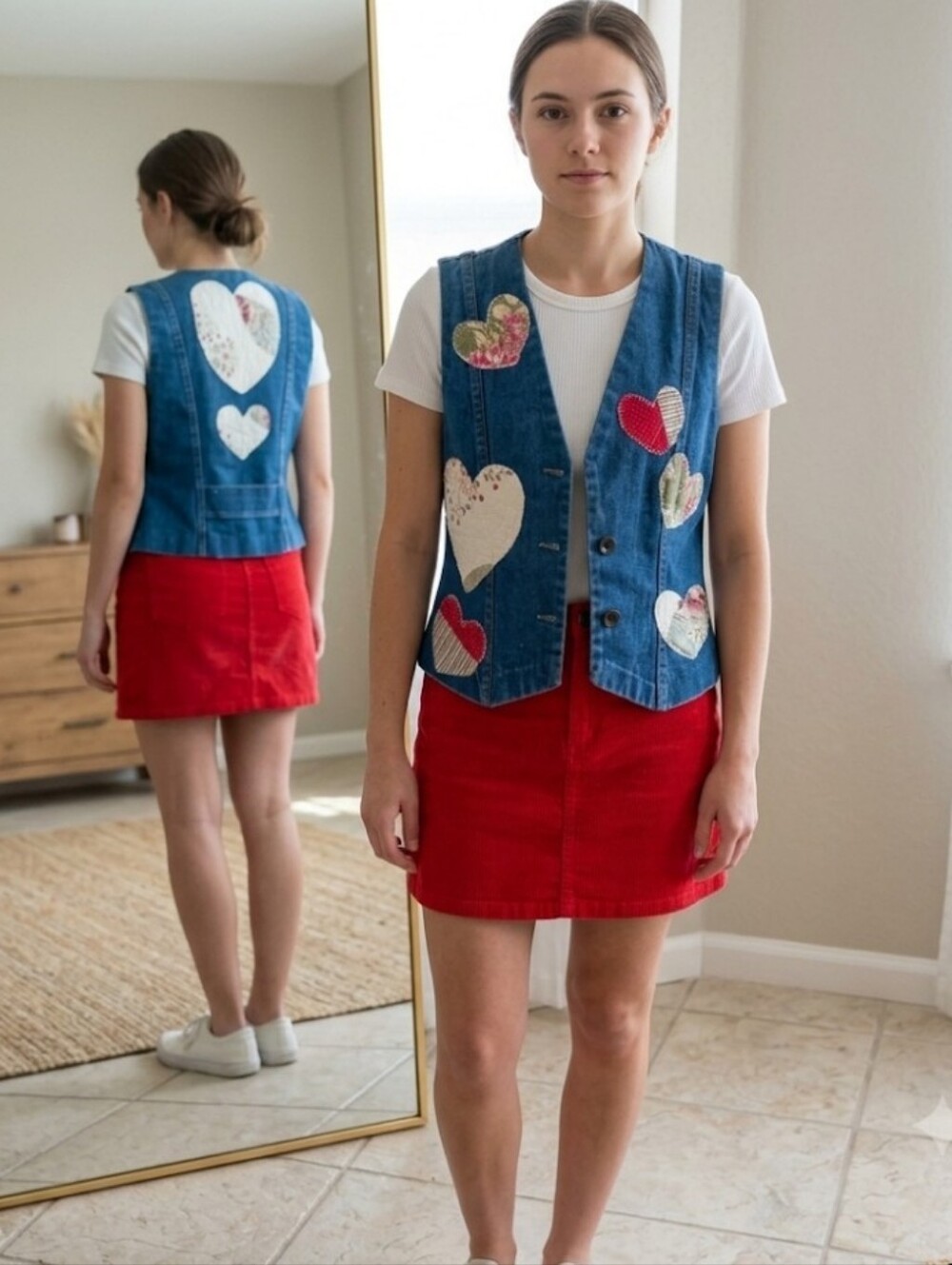 Vtg Denim Fitted Vest Sz S With Quilt heart Appliques